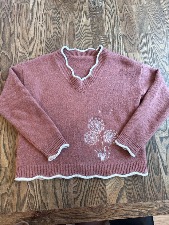 None Sweaters - Women’s Rose Pink V-Neck Sweater with White Trim